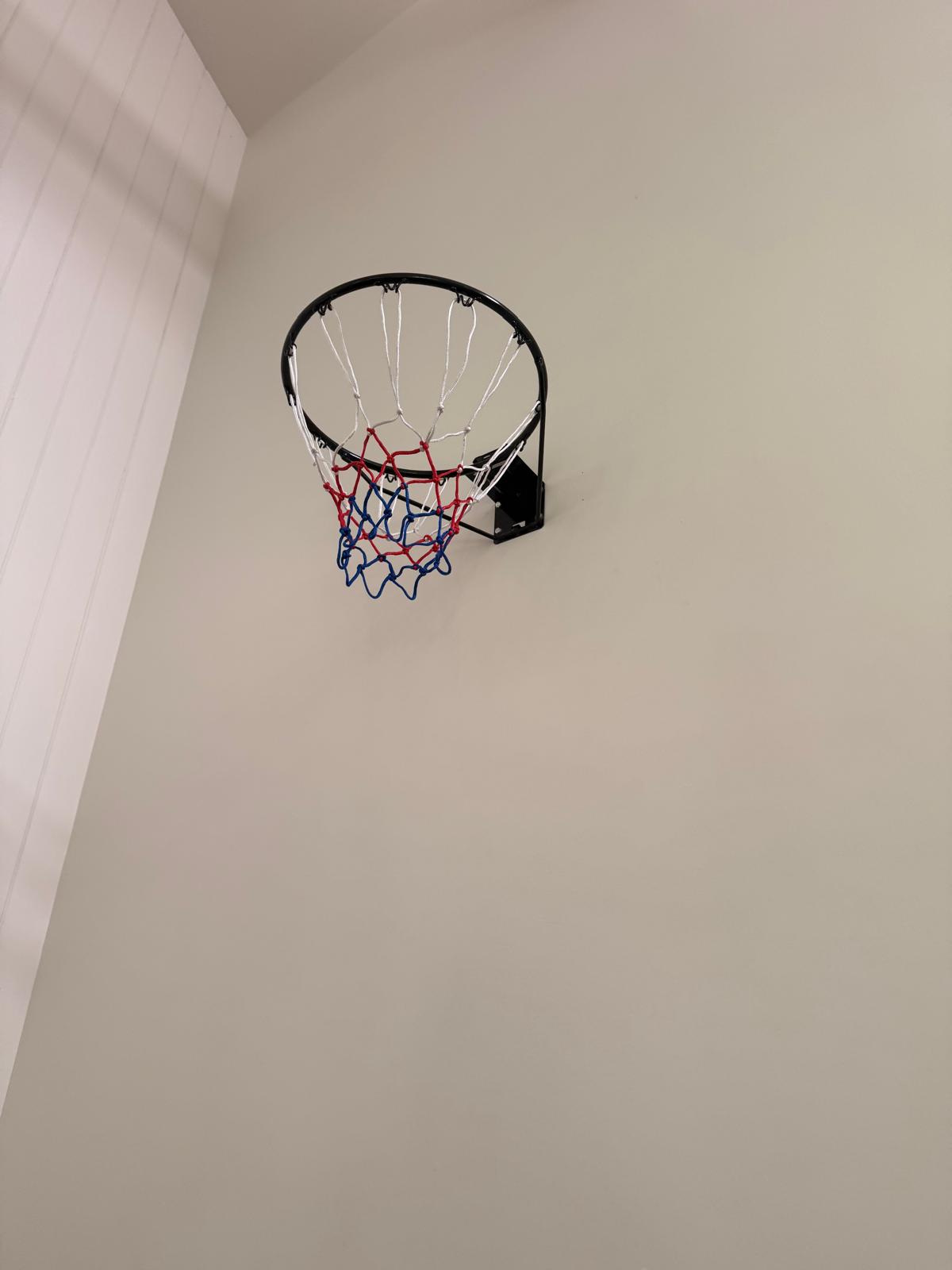 Basketball hoop mounted on an interior wall