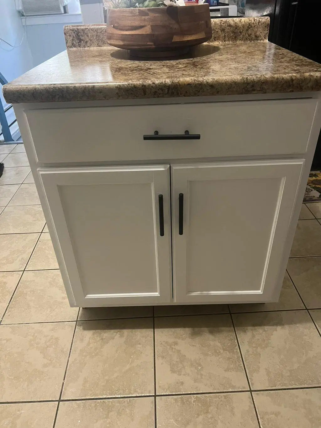 Freshly painted bathroom vanity cabinet